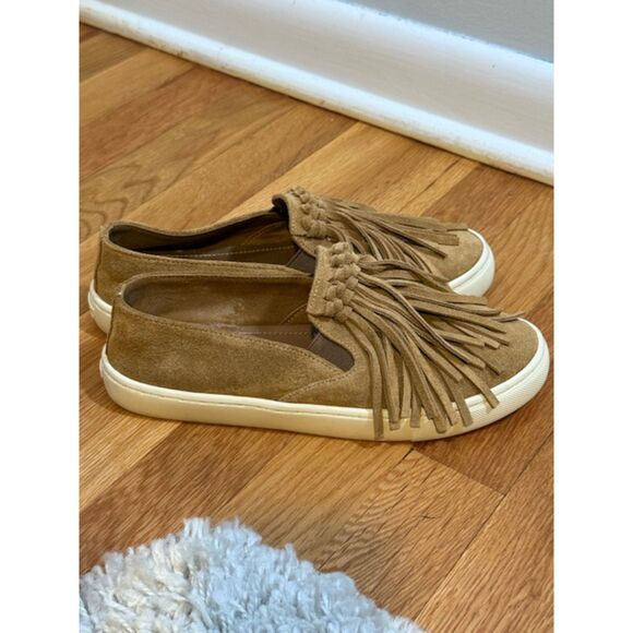 Tory Burch Fria Camel suede fringe slip ons sz 7 Gently Used - Picture 5 of 8